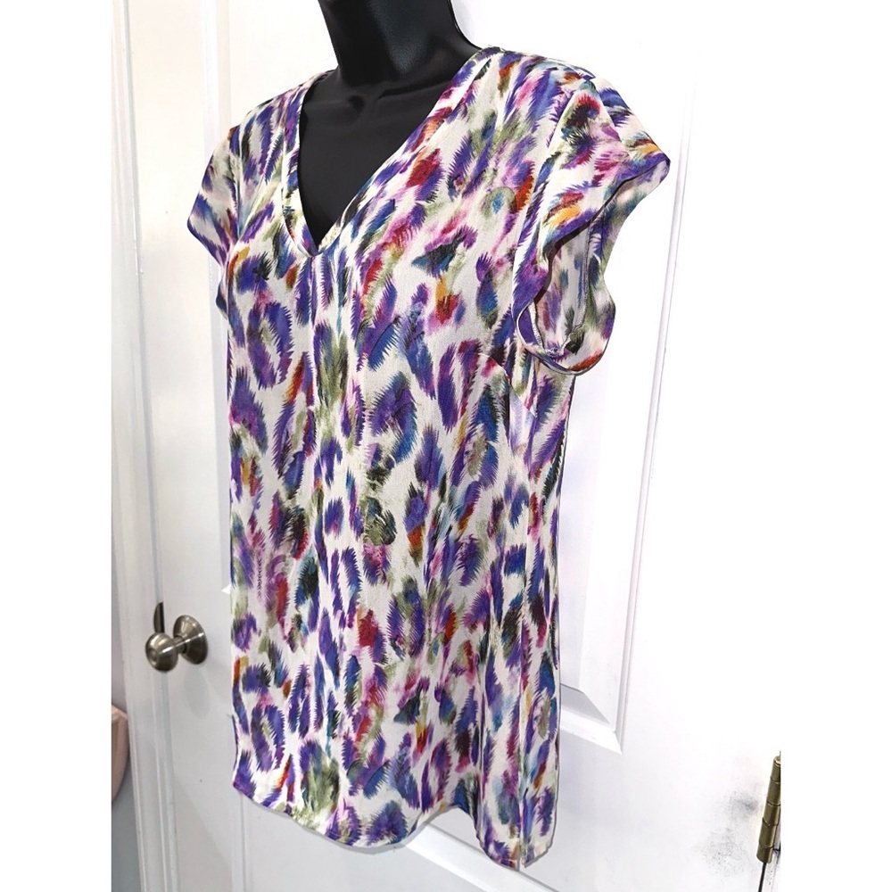 Cabi Womens Blouse Purple Multi Feather Print Rainbow Plume Top 5027 - Picture 4 of 7